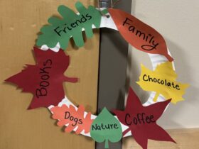 A Thanksgiving craft - a thankful wreath with leaves sharing things I am thankful for.