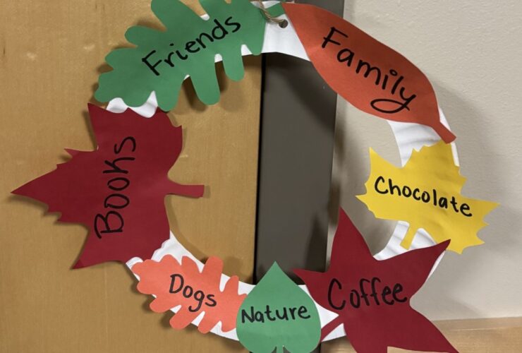 A Thanksgiving craft - a thankful wreath with leaves sharing things I am thankful for.