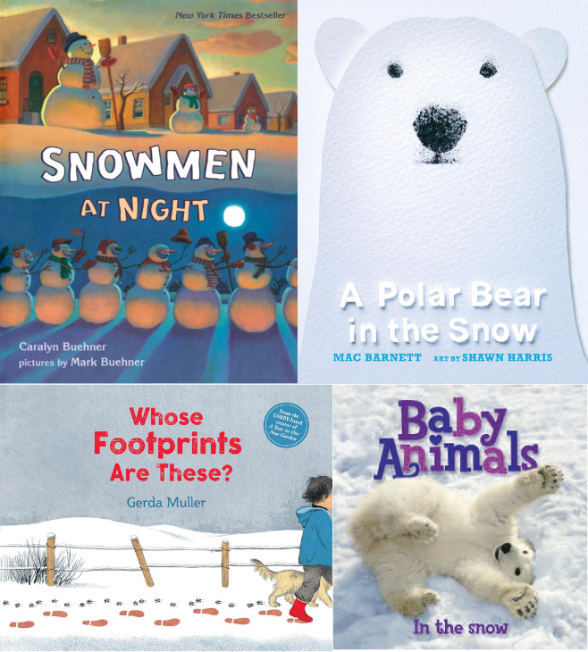 Four book covers are pictured. Snowmen at night, A Polar Bear in the Snow, Whose Footprints are These?, and Baby animals in the Snow.