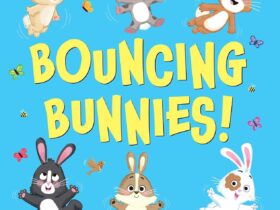 Cover image of the picture book Bouncing Bunnies. Features 6 bunnies bouncing around.