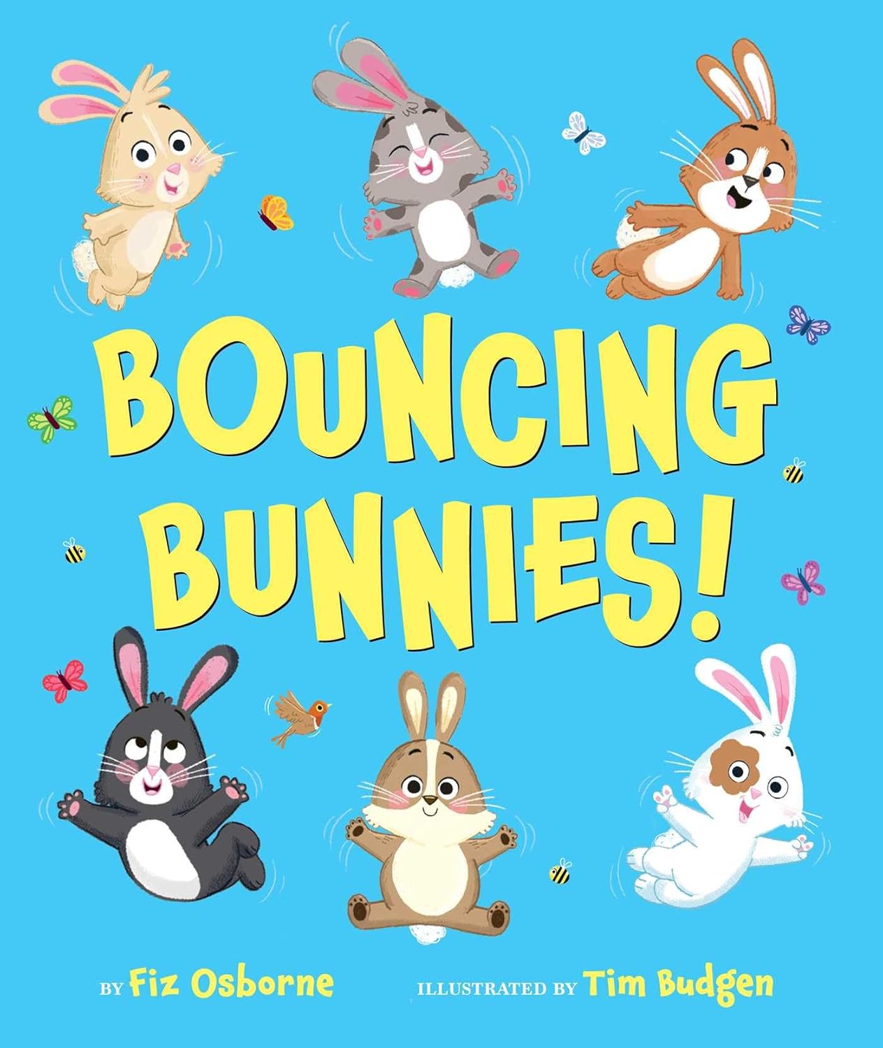 Cover image of the picture book Bouncing Bunnies. Features 6 bunnies bouncing around.