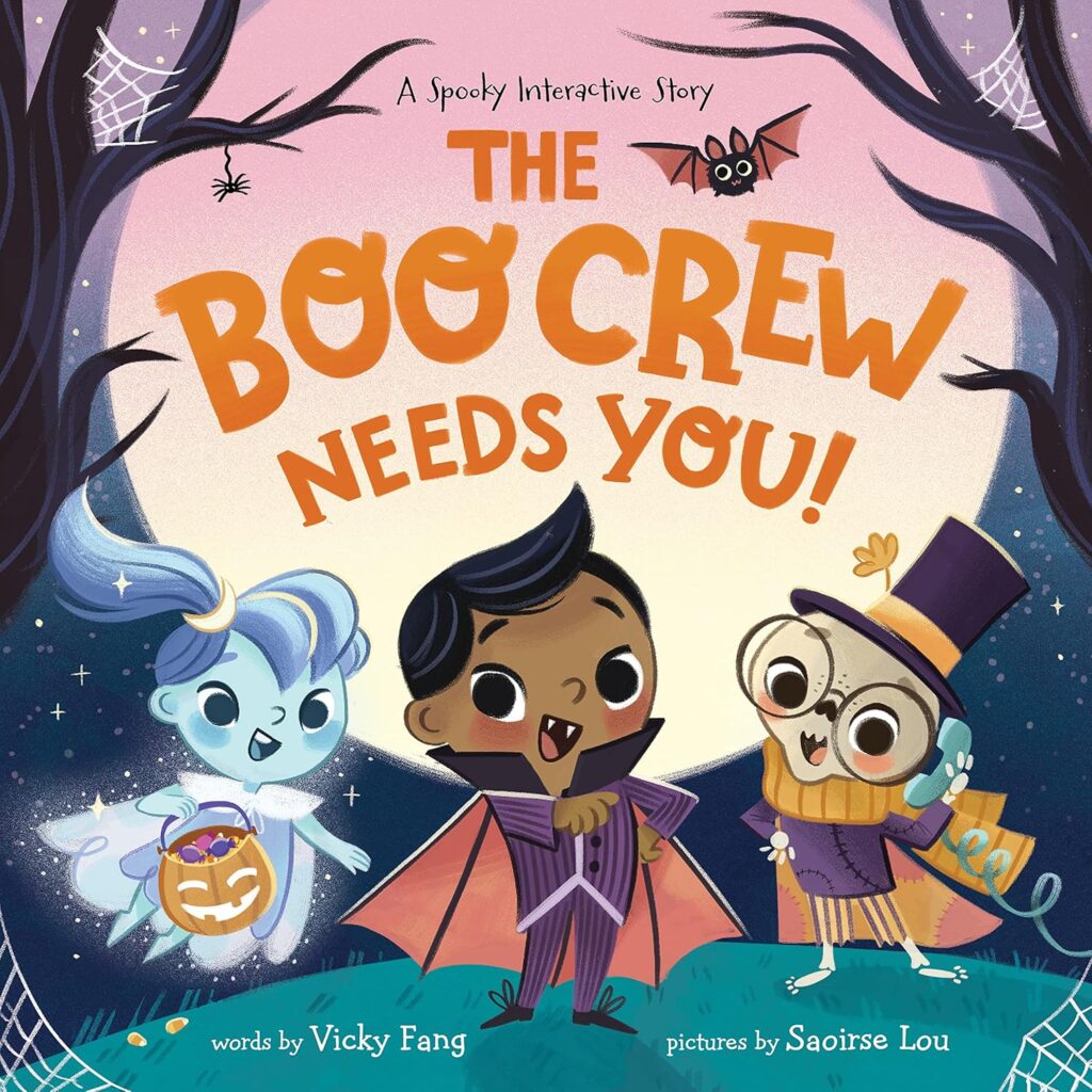 Cover of The Boo Crew Needs YOU! by Vicky Fang, featuring a ghost, skeleton, and vampire with pumpkins and a haunted house.