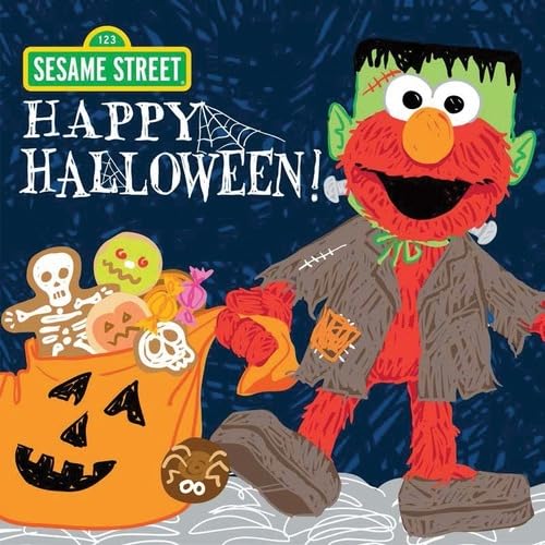 Cover of Sesame Street Happy Halloween featuring a bag of treats and Elmo dressed as Frankenstein’s monster.