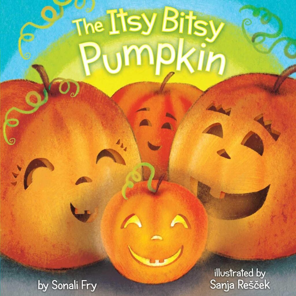 Cover of The Itsy Bitsy Pumpkin featuring one small jack-o-lantern and three larger ones.