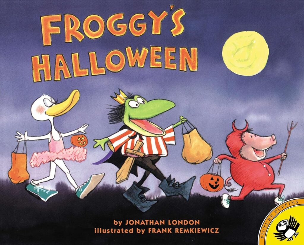 Cover image of Froggy’s Halloween with a duck, Froggy, and a pig dressed in costume.