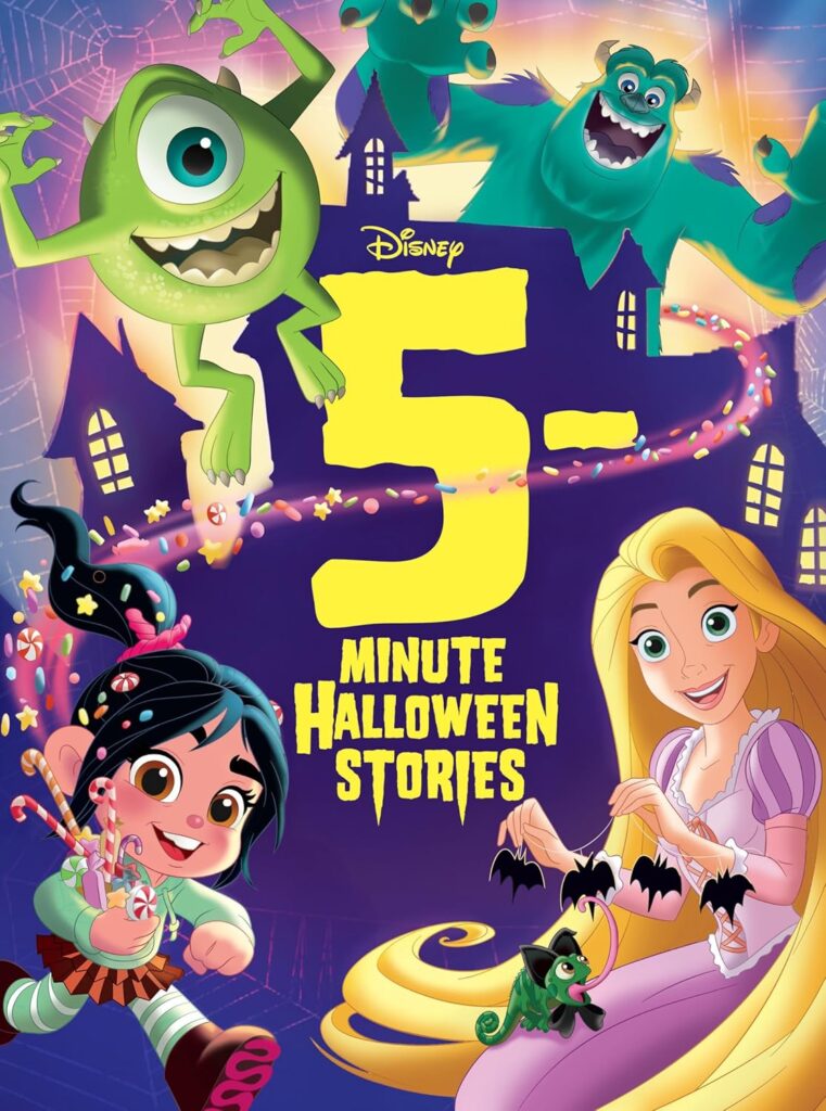 Cover of Disney 5-Minute Halloween Stories featuring Mike and Sully, Rapunzel, and other popular Disney characters.