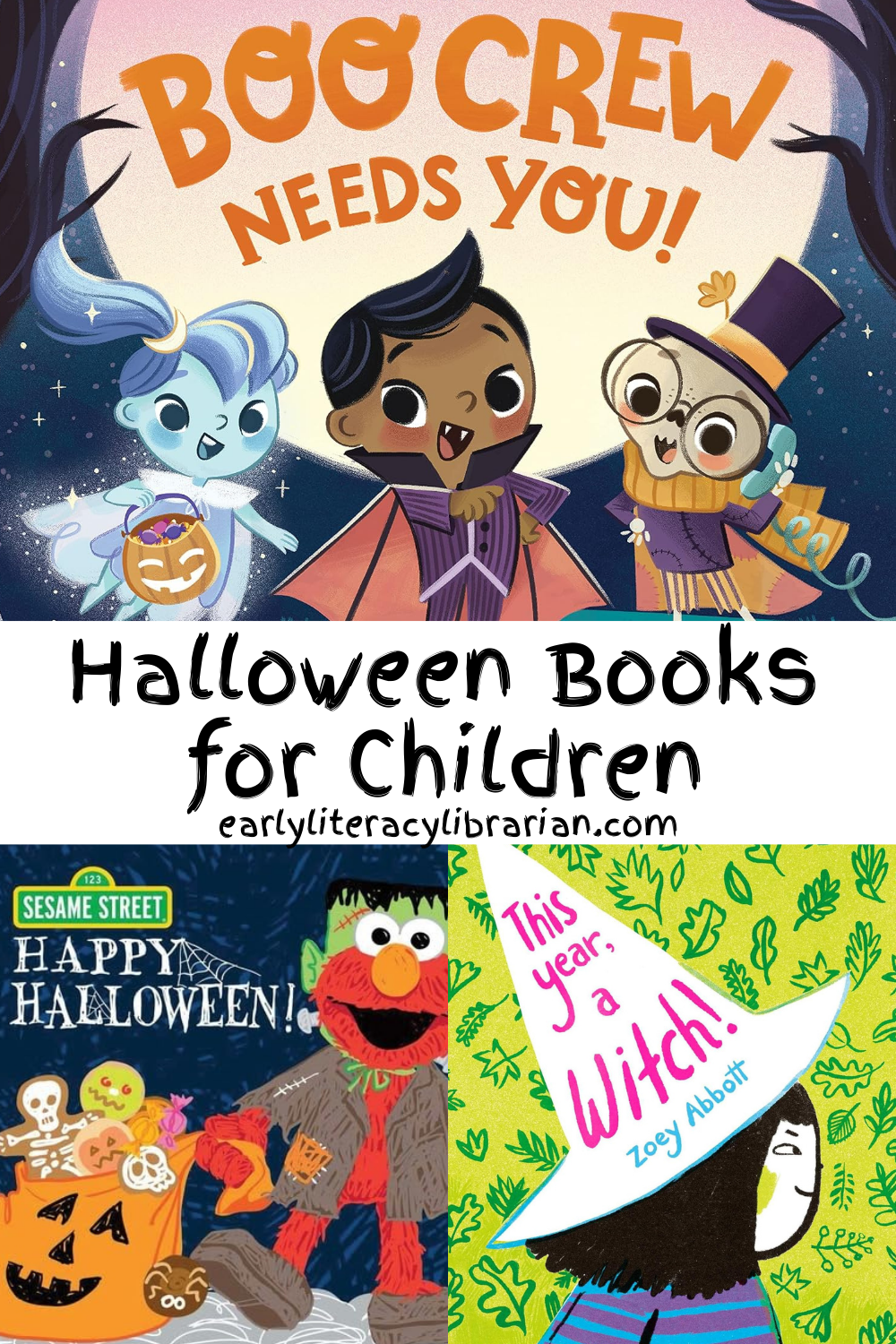Selection of three Halloween picture book covers and text that reads “Halloween Books for Children”