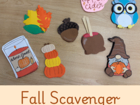 Image of fall scavenger hunt items - candle, leaves, pumpkins, acorn, caramel apple, apple cider mug, gnome, and owl. Text below image reads “Fall Scavenger Hunt for Kids”.