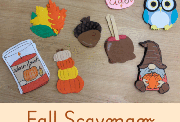 Image of fall scavenger hunt items - candle, leaves, pumpkins, acorn, caramel apple, apple cider mug, gnome, and owl. Text below image reads “Fall Scavenger Hunt for Kids”.