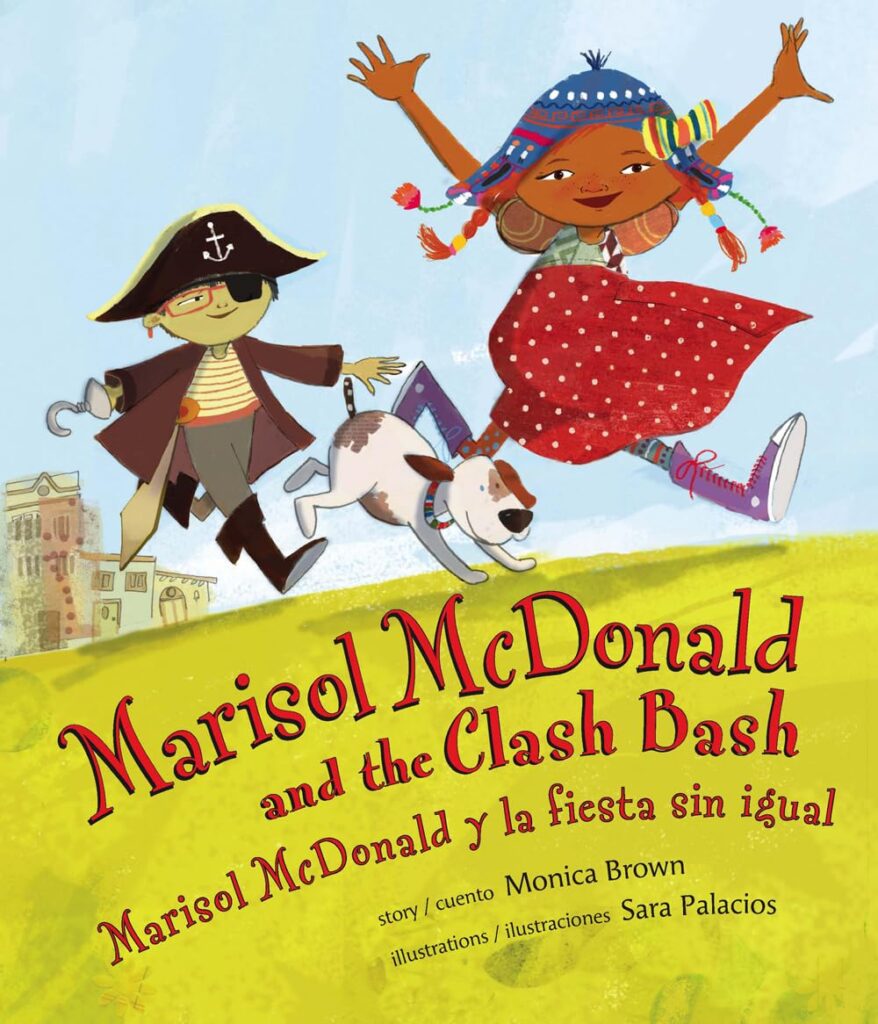 Cover image of Marisol McDonald and the Clash Bash featuring a girl in mismatched clothing, a dog, and another child in a pirate costume.