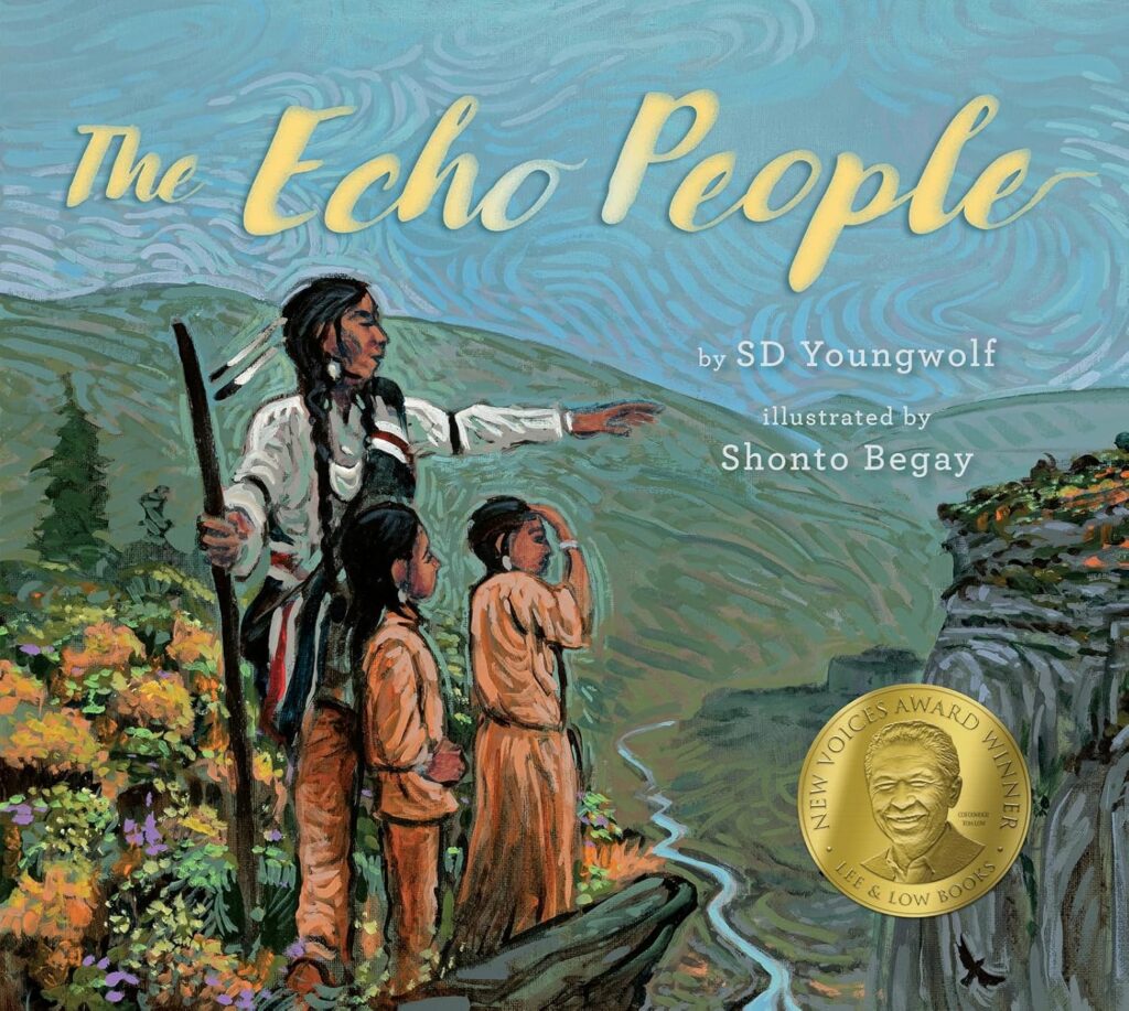 Cover image of The Echo People featuring a grandfather and two children in indigenous clothing overlooking nature.