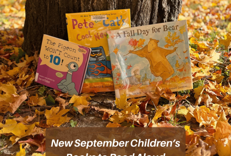 New September 2025 picture book and board book releases. Featuring covers for the pigeon counts to 10, Pete the cat’s cool new ride, and a fall day for bear all resting on a tree trunk surrounded by fall leaves.