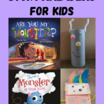 Monster storytime for kids featuring cover images of are you my monster book and there’s a monster in your book as well as two monster craft photos.