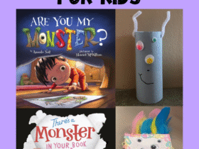 Monster storytime for kids featuring cover images of are you my monster book and there’s a monster in your book as well as two monster craft photos.