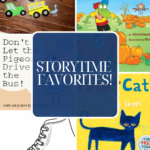 Collage of images of my storytime favorites. Covers of Froggy Picks a Pumpkin, Pete the Cat I Love my White Shoes, and Don't Let the Pigeon Drive the Bus. A flannel with different vehicles and a plain white shoe outline.