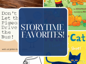 Collage of images of my storytime favorites. Covers of Froggy Picks a Pumpkin, Pete the Cat I Love my White Shoes, and Don't Let the Pigeon Drive the Bus. A flannel with different vehicles and a plain white shoe outline.