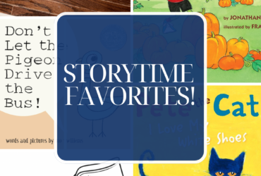 Collage of images of my storytime favorites. Covers of Froggy Picks a Pumpkin, Pete the Cat I Love my White Shoes, and Don't Let the Pigeon Drive the Bus. A flannel with different vehicles and a plain white shoe outline.