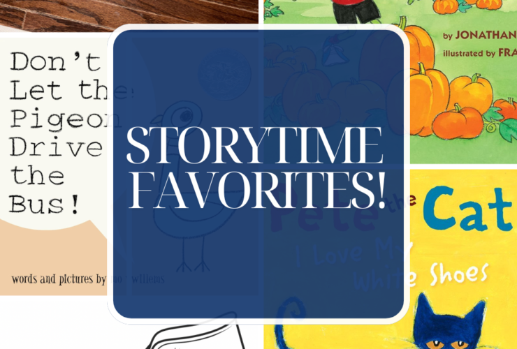 Collage of images of my storytime favorites. Covers of Froggy Picks a Pumpkin, Pete the Cat I Love my White Shoes, and Don't Let the Pigeon Drive the Bus. A flannel with different vehicles and a plain white shoe outline.