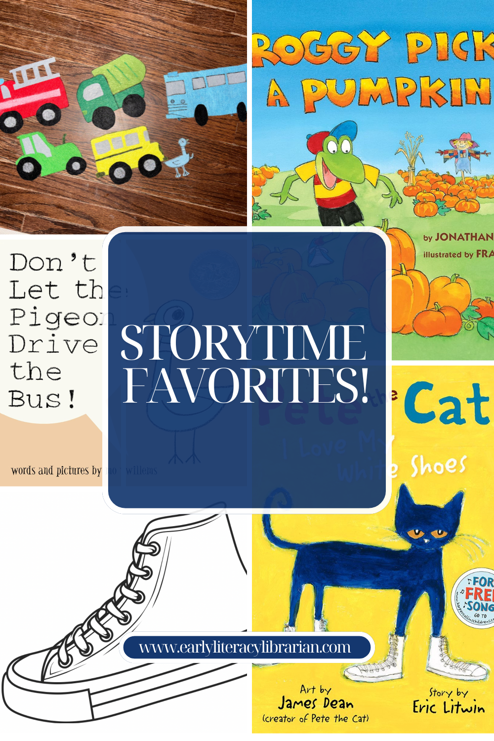 Collage of images of my storytime favorites. Covers of Froggy Picks a Pumpkin, Pete the Cat I Love my White Shoes, and Don't Let the Pigeon Drive the Bus. A flannel with different vehicles and a plain white shoe outline.