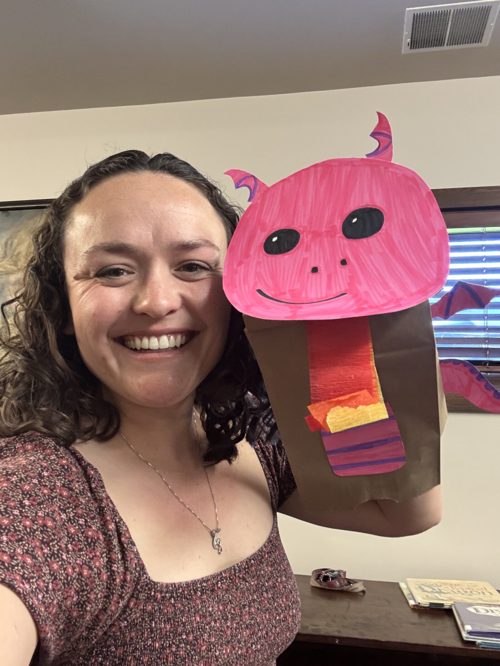 Me with my pink dragon puppet.