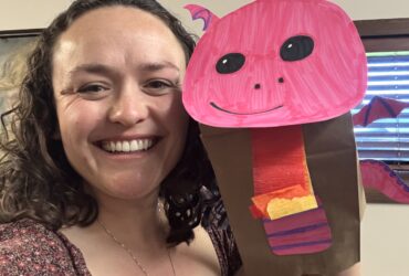 Me with my pink dragon puppet.