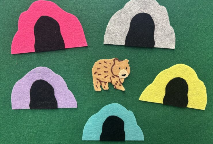 Bear made of felt surrounded by different colored felt caves